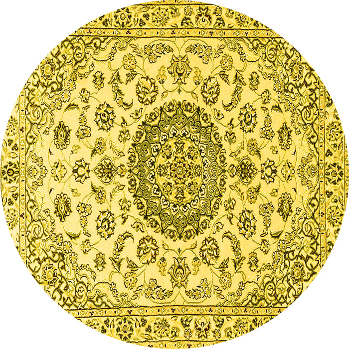 Round Machine Washable Medallion Yellow Traditional Rug, wshtr1465yw