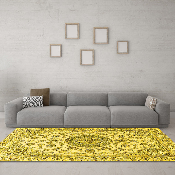 Machine Washable Medallion Yellow Traditional Rug in a Living Room, wshtr1465yw