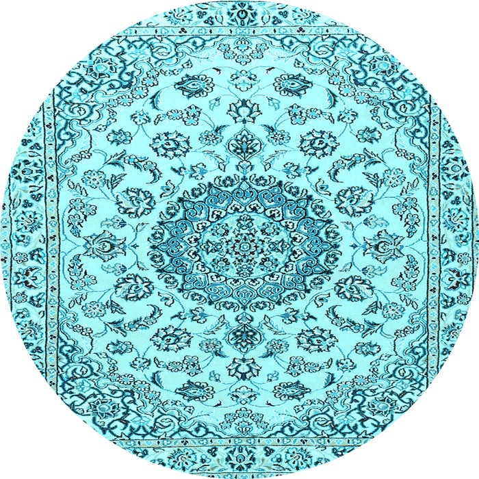 Round Machine Washable Medallion Light Blue Traditional Rug, wshtr1465lblu