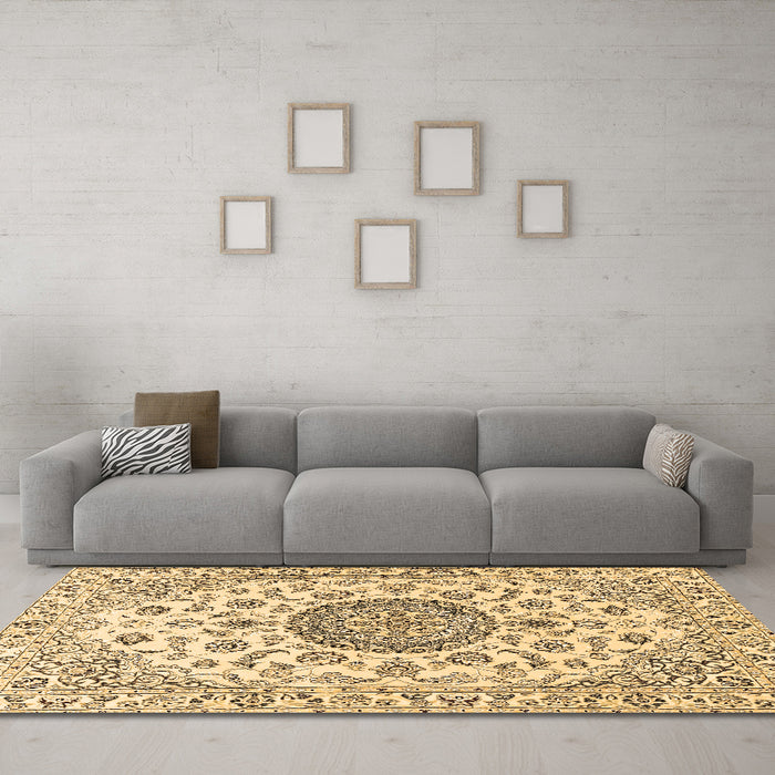 Machine Washable Medallion Brown Traditional Rug in a Living Room,, wshtr1465brn