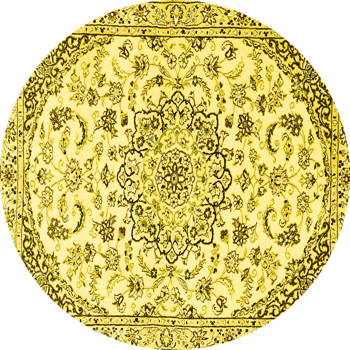 Round Machine Washable Medallion Yellow Traditional Rug, wshtr1466yw