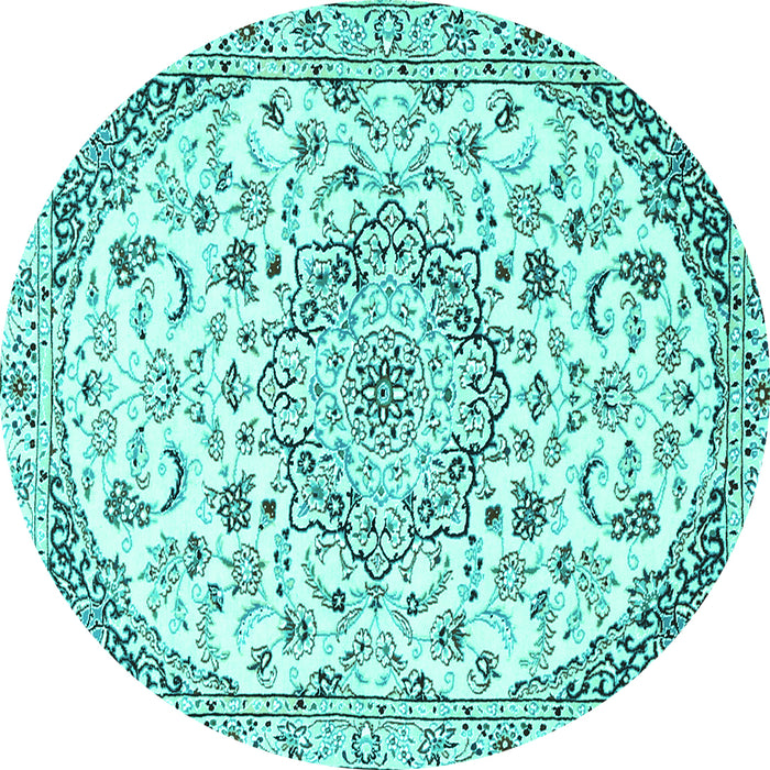 Round Machine Washable Medallion Turquoise Traditional Area Rugs, wshtr1466turq