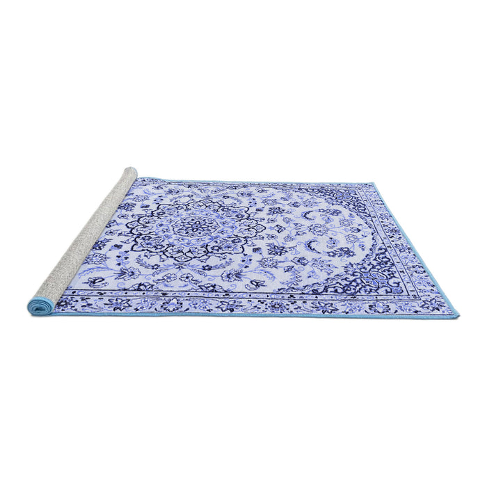 Sideview of Machine Washable Medallion Blue Traditional Rug, wshtr1466blu
