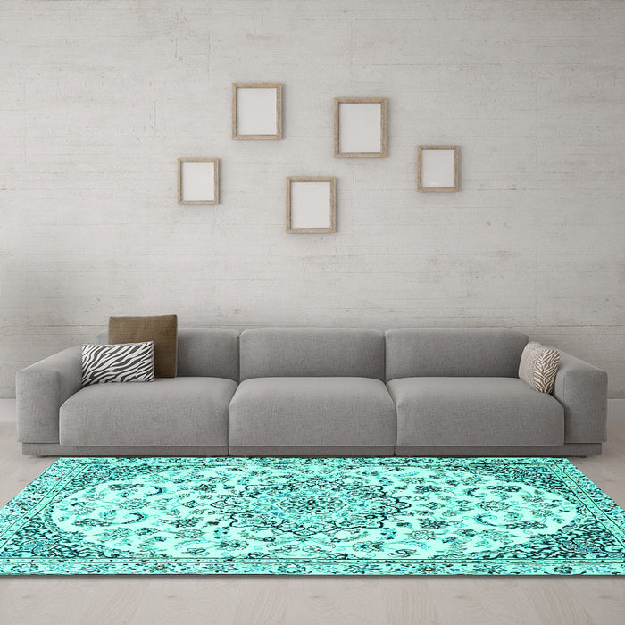 Machine Washable Medallion Turquoise Traditional Area Rugs in a Living Room,, wshtr1466turq
