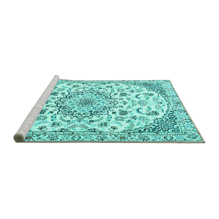 Sideview of Machine Washable Medallion Turquoise Traditional Area Rugs, wshtr1466turq