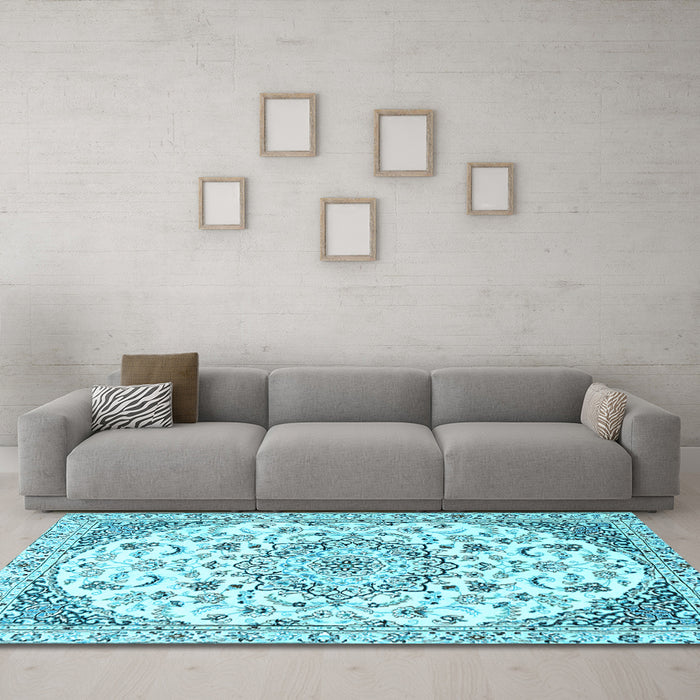 Machine Washable Medallion Light Blue Traditional Rug in a Living Room, wshtr1466lblu