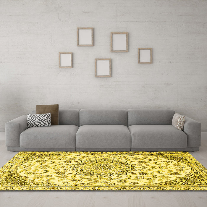 Machine Washable Medallion Yellow Traditional Rug in a Living Room, wshtr1466yw