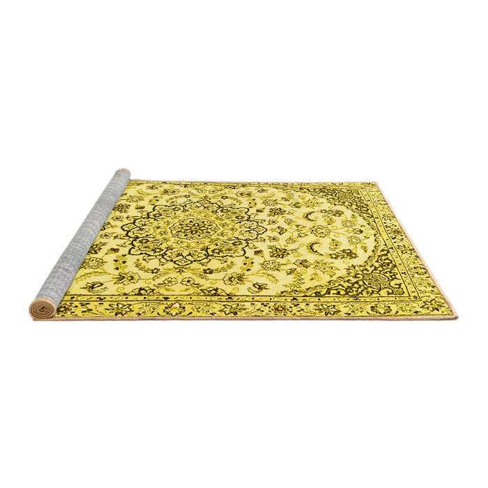 Sideview of Machine Washable Medallion Yellow Traditional Rug, wshtr1466yw