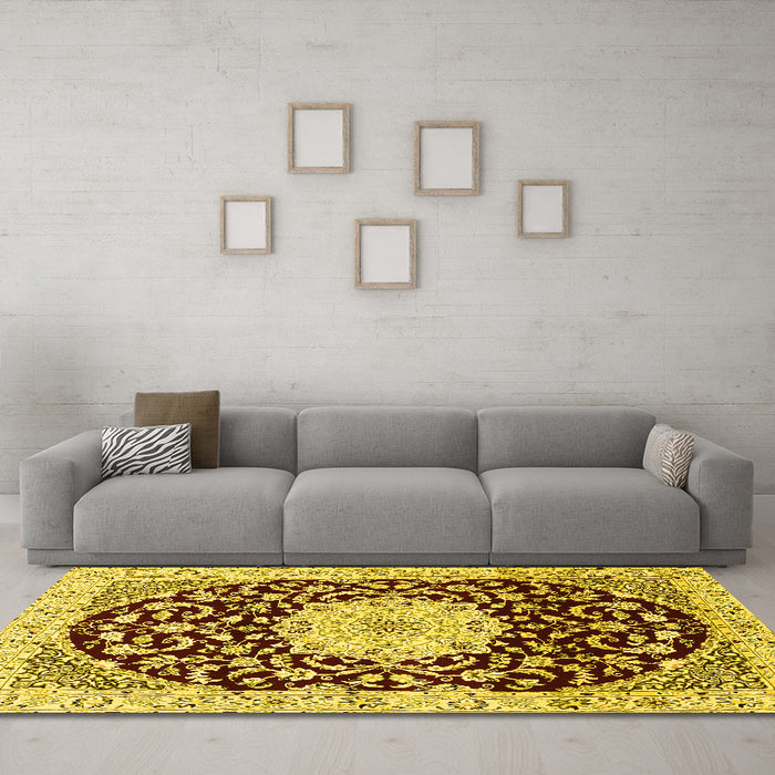 Machine Washable Medallion Yellow Traditional Rug in a Living Room, wshtr1467yw