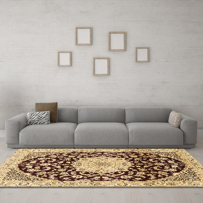 Machine Washable Medallion Brown Traditional Rug in a Living Room,, wshtr1467brn