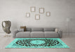 Machine Washable Medallion Turquoise Traditional Area Rugs in a Living Room,, wshtr1467turq