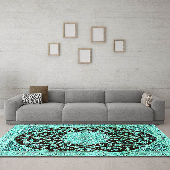 Machine Washable Medallion Turquoise Traditional Area Rugs in a Living Room,, wshtr1467turq