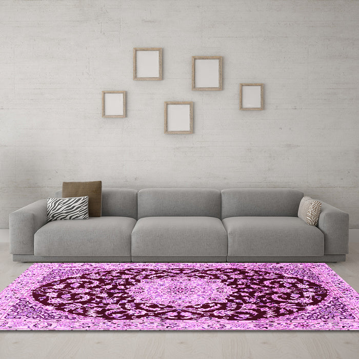 Machine Washable Medallion Pink Traditional Rug in a Living Room, wshtr1467pnk