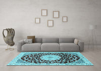 Machine Washable Medallion Light Blue Traditional Rug, wshtr1467lblu