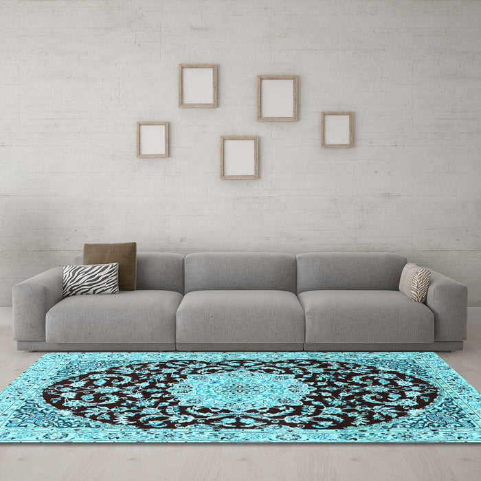 Machine Washable Medallion Light Blue Traditional Rug in a Living Room, wshtr1467lblu