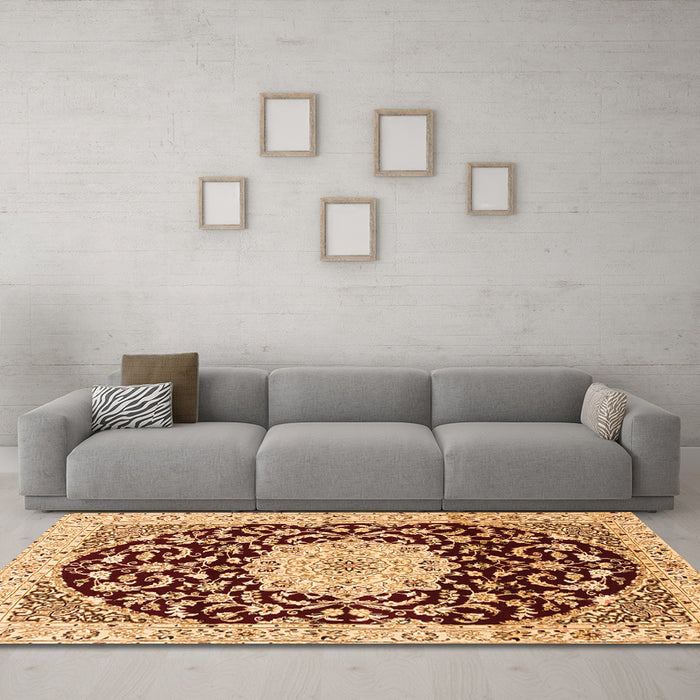 Machine Washable Medallion Orange Traditional Area Rugs in a Living Room, wshtr1467org
