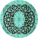 Round Machine Washable Medallion Turquoise Traditional Area Rugs, wshtr1467turq