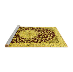 Sideview of Machine Washable Medallion Yellow Traditional Rug, wshtr1467yw