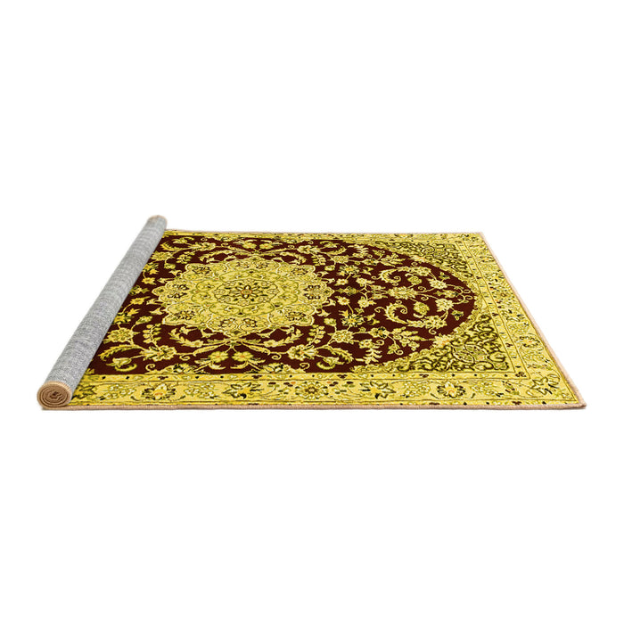 Sideview of Machine Washable Medallion Yellow Traditional Rug, wshtr1467yw