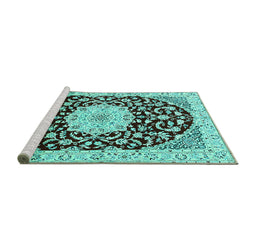 Sideview of Machine Washable Medallion Turquoise Traditional Area Rugs, wshtr1467turq