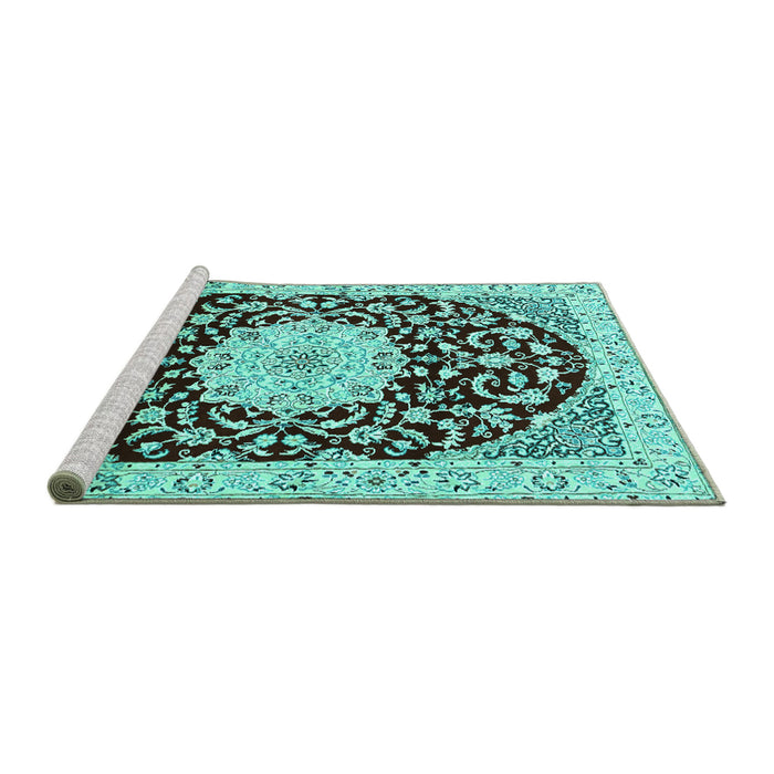 Sideview of Machine Washable Medallion Turquoise Traditional Area Rugs, wshtr1467turq