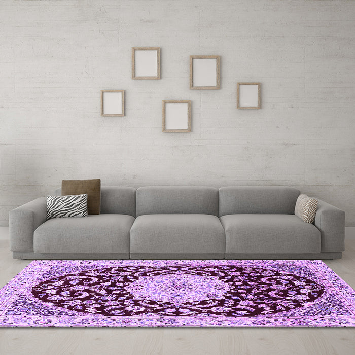 Machine Washable Medallion Purple Traditional Area Rugs in a Living Room, wshtr1467pur