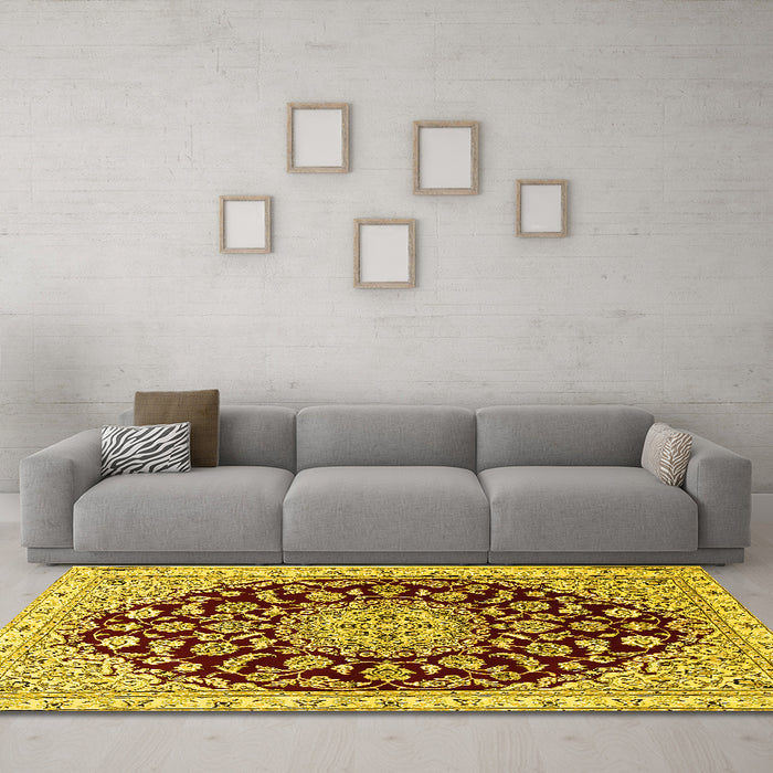 Machine Washable Medallion Yellow Traditional Rug in a Living Room, wshtr1468yw