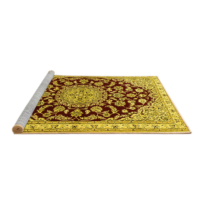 Sideview of Machine Washable Medallion Yellow Traditional Rug, wshtr1468yw