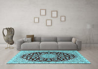 Machine Washable Medallion Light Blue Traditional Rug, wshtr1468lblu