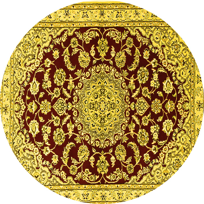 Round Machine Washable Medallion Yellow Traditional Rug, wshtr1468yw