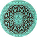 Round Machine Washable Medallion Turquoise Traditional Area Rugs, wshtr1468turq