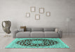 Machine Washable Medallion Turquoise Traditional Area Rugs in a Living Room,, wshtr1468turq