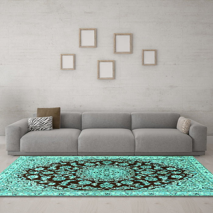 Machine Washable Medallion Turquoise Traditional Area Rugs in a Living Room,, wshtr1468turq
