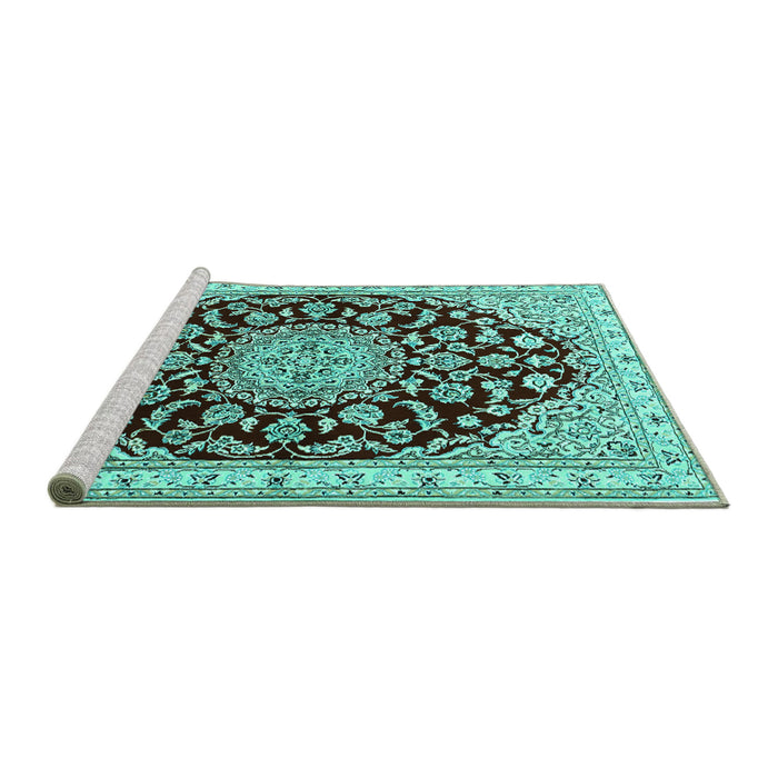 Sideview of Machine Washable Medallion Turquoise Traditional Area Rugs, wshtr1468turq