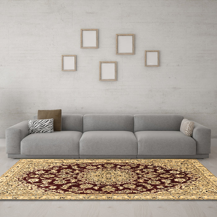Machine Washable Medallion Brown Traditional Rug in a Living Room,, wshtr1468brn