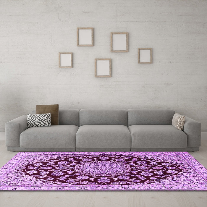 Machine Washable Medallion Purple Traditional Area Rugs in a Living Room, wshtr1468pur