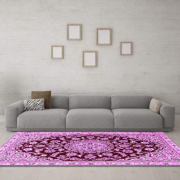 Machine Washable Medallion Pink Traditional Rug in a Living Room, wshtr1468pnk