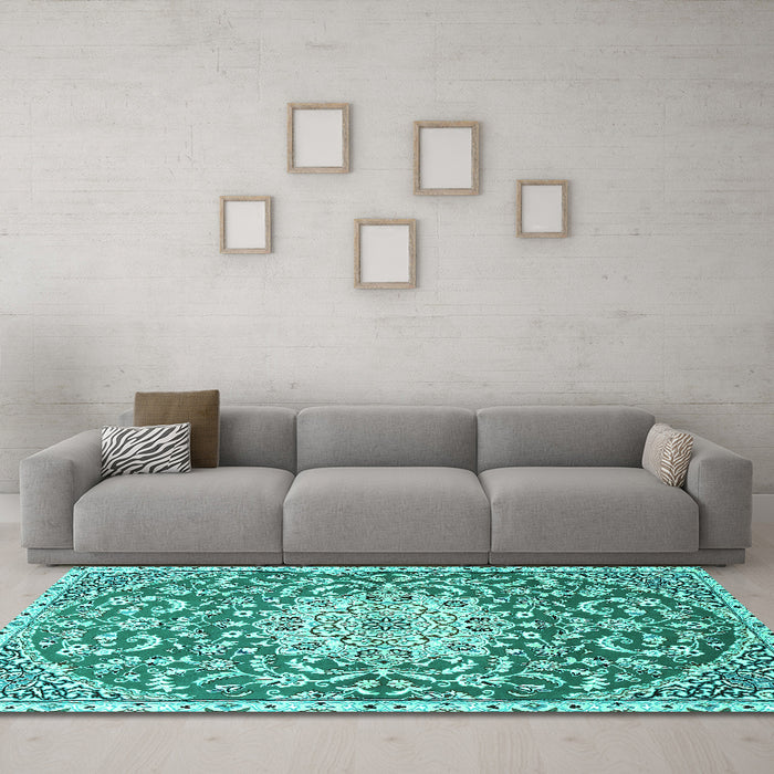 Machine Washable Medallion Turquoise Traditional Area Rugs in a Living Room,, wshtr1470turq
