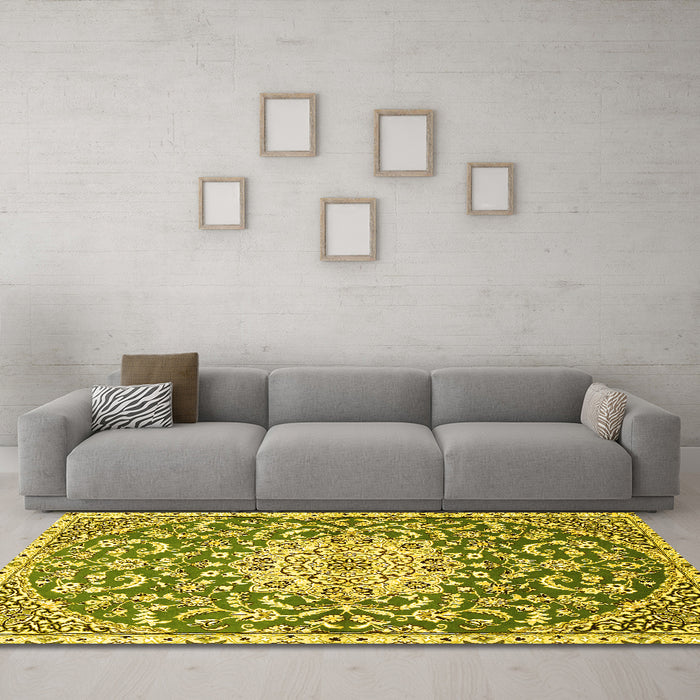 Machine Washable Medallion Yellow Traditional Rug in a Living Room, wshtr1470yw
