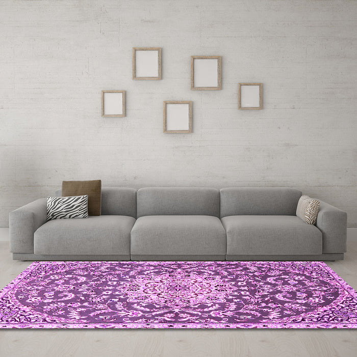 Machine Washable Medallion Pink Traditional Rug in a Living Room, wshtr1470pnk