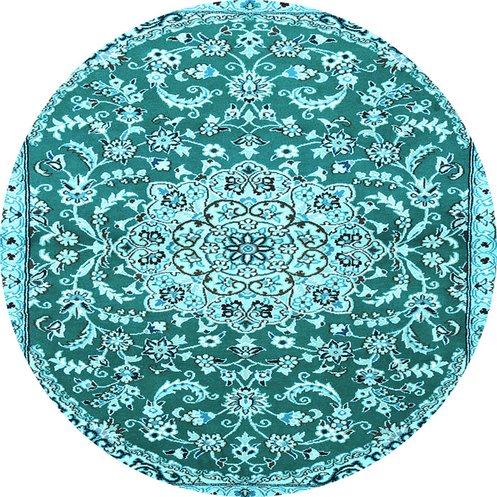 Round Machine Washable Medallion Light Blue Traditional Rug, wshtr1470lblu
