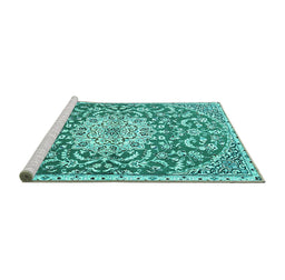Sideview of Machine Washable Medallion Turquoise Traditional Area Rugs, wshtr1470turq