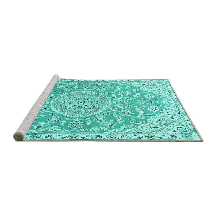Sideview of Machine Washable Medallion Turquoise Traditional Area Rugs, wshtr1471turq