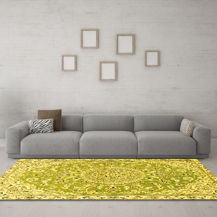 Machine Washable Medallion Yellow Traditional Rug in a Living Room, wshtr1471yw