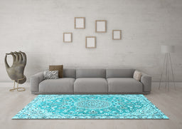 Machine Washable Medallion Light Blue Traditional Rug in a Living Room, wshtr1471lblu