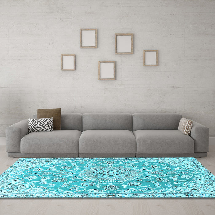 Machine Washable Medallion Light Blue Traditional Rug in a Living Room, wshtr1471lblu