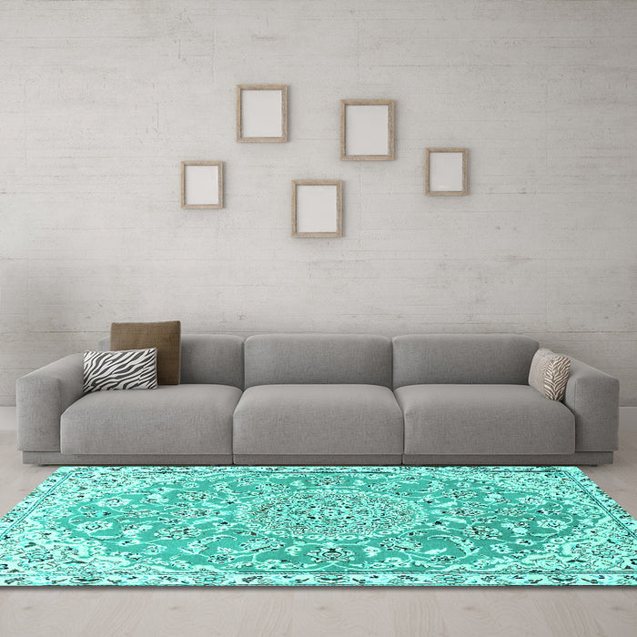 Machine Washable Medallion Turquoise Traditional Area Rugs in a Living Room,, wshtr1471turq