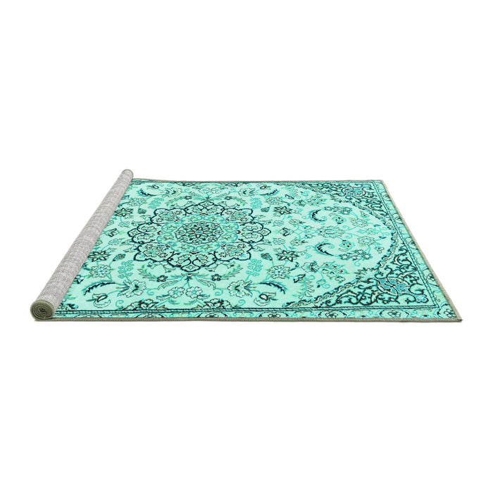 Sideview of Machine Washable Medallion Turquoise Traditional Area Rugs, wshtr1472turq