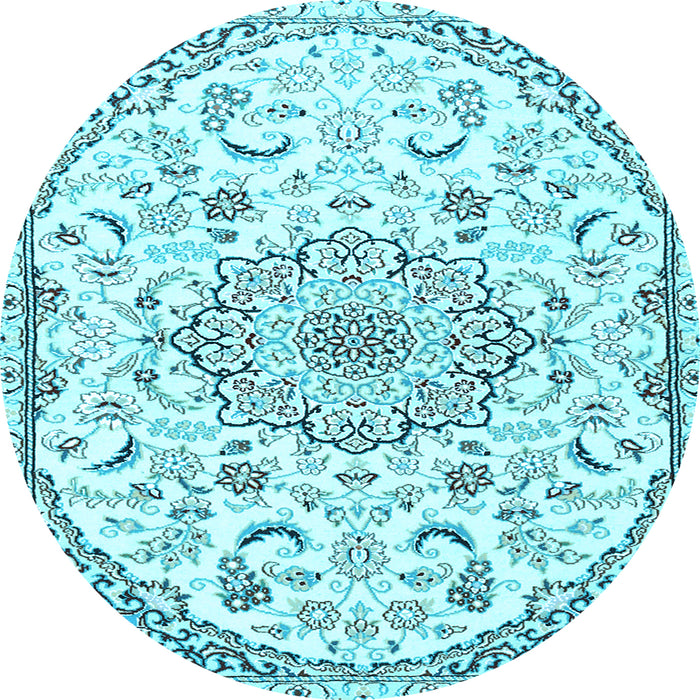 Round Machine Washable Medallion Light Blue Traditional Rug, wshtr1472lblu