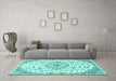 Machine Washable Medallion Turquoise Traditional Area Rugs in a Living Room,, wshtr1472turq